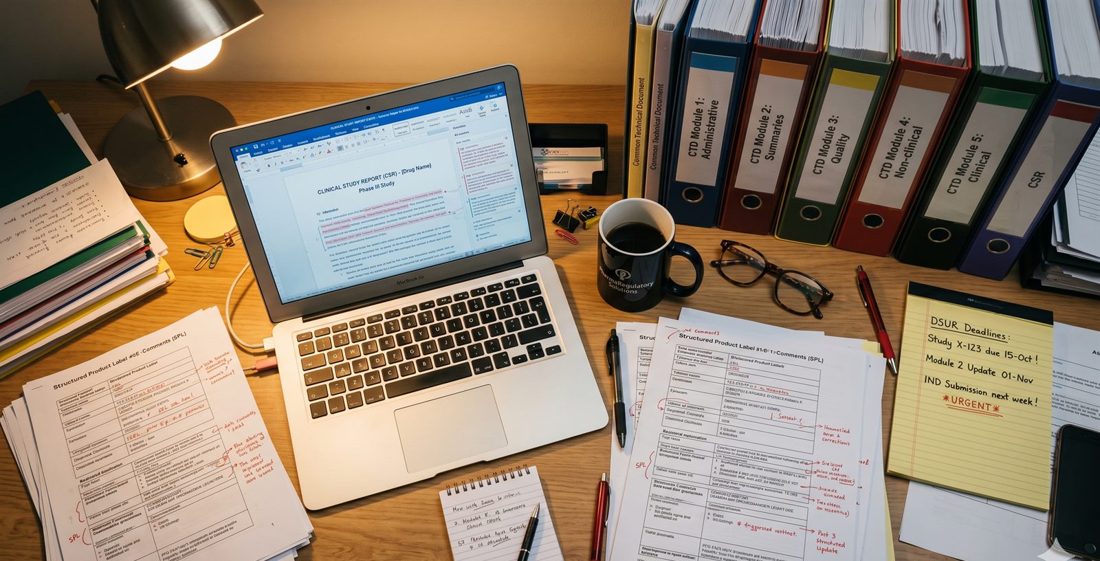 Regulatory submission desk — CTD module binders and a clinical study report under review